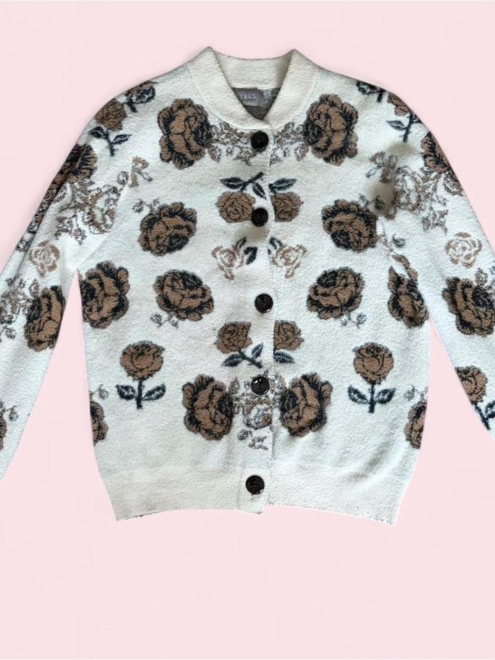 Floral Button-Up Cardigan Jacket - Cream & Brown
